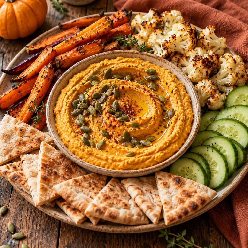 Pumpkin Hummus and Roasted Vegetable Board
