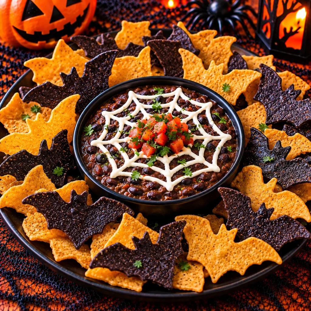 Bat Tortilla Chips with Black Bean Dip