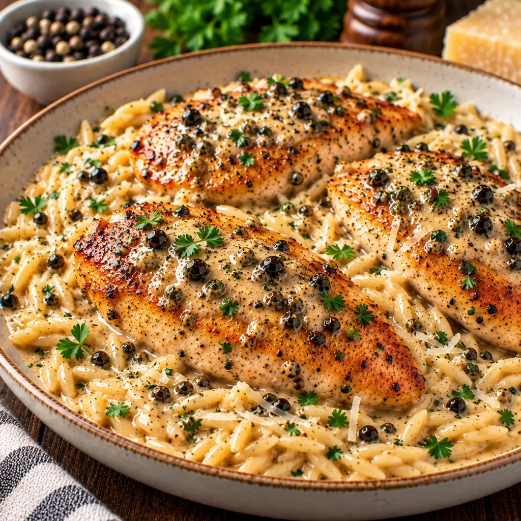 Chicken Au Poivre with Creamy Orzo