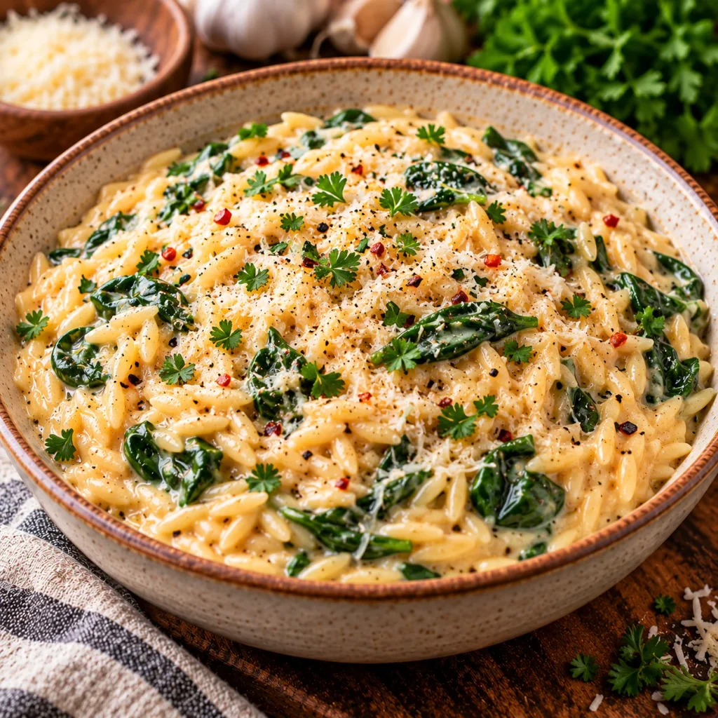 Creamy Garlic Parmesan Orzo with Spinach