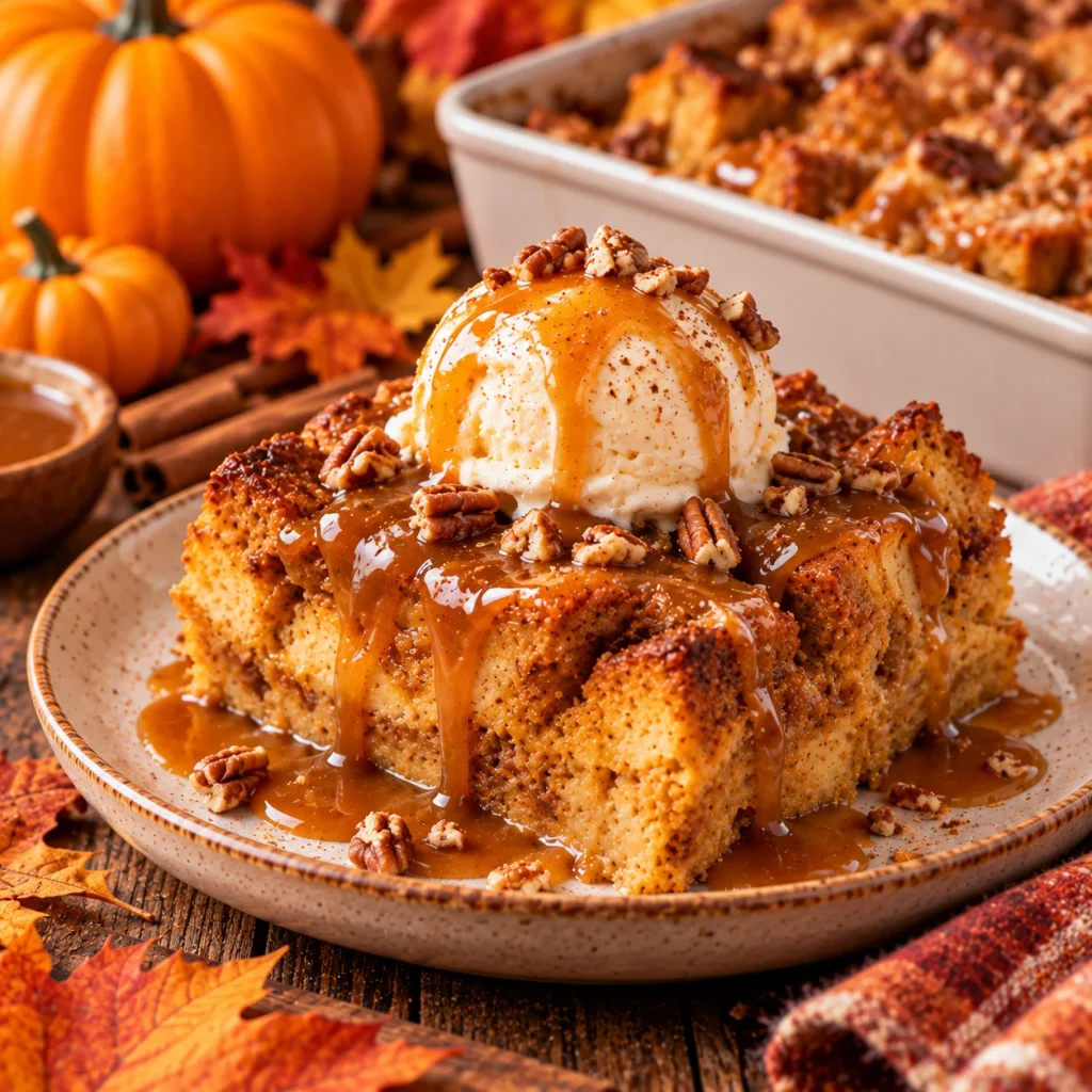 Pumpkin Bread Pudding with Caramel Sauce