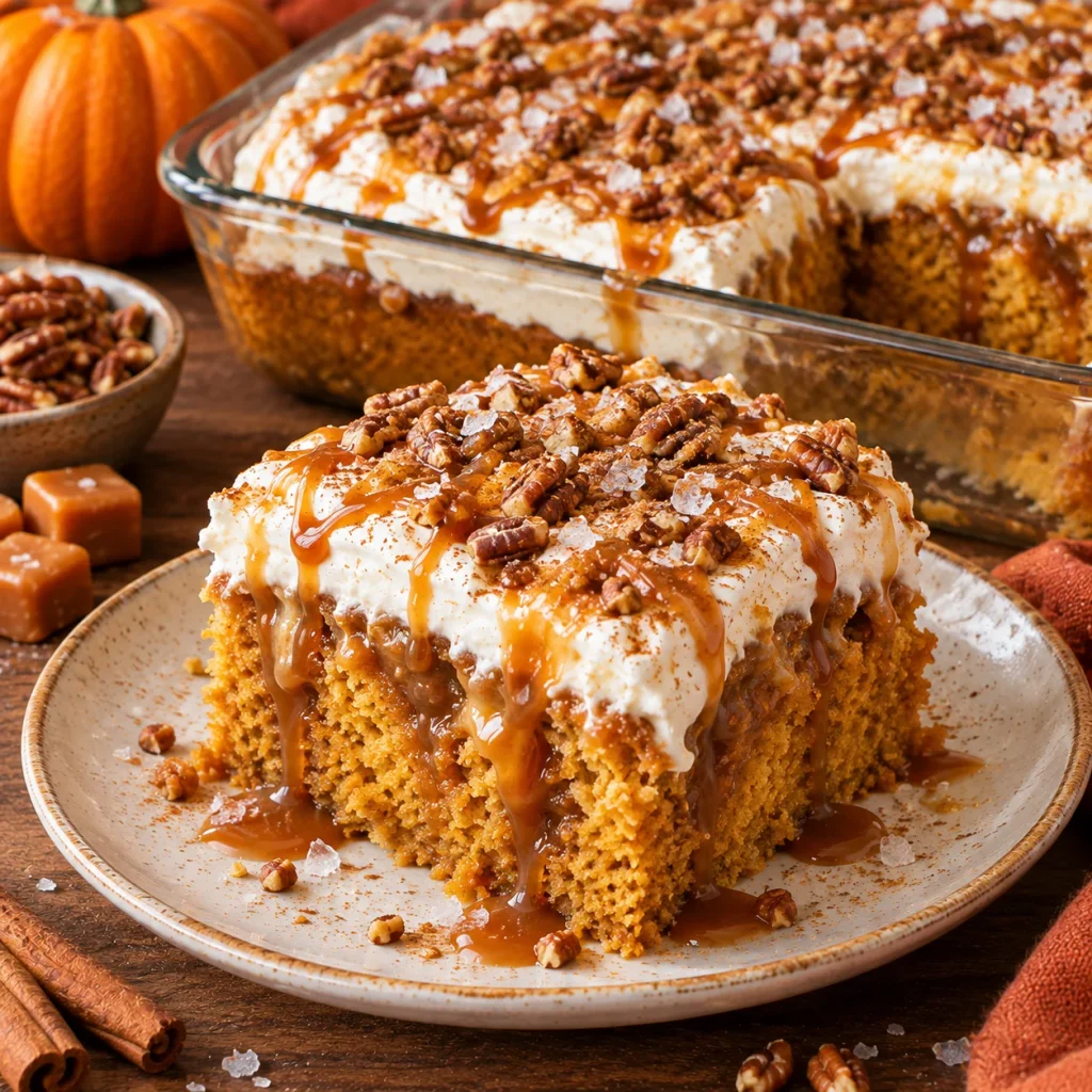 Salted Caramel Pumpkin Poke Cake