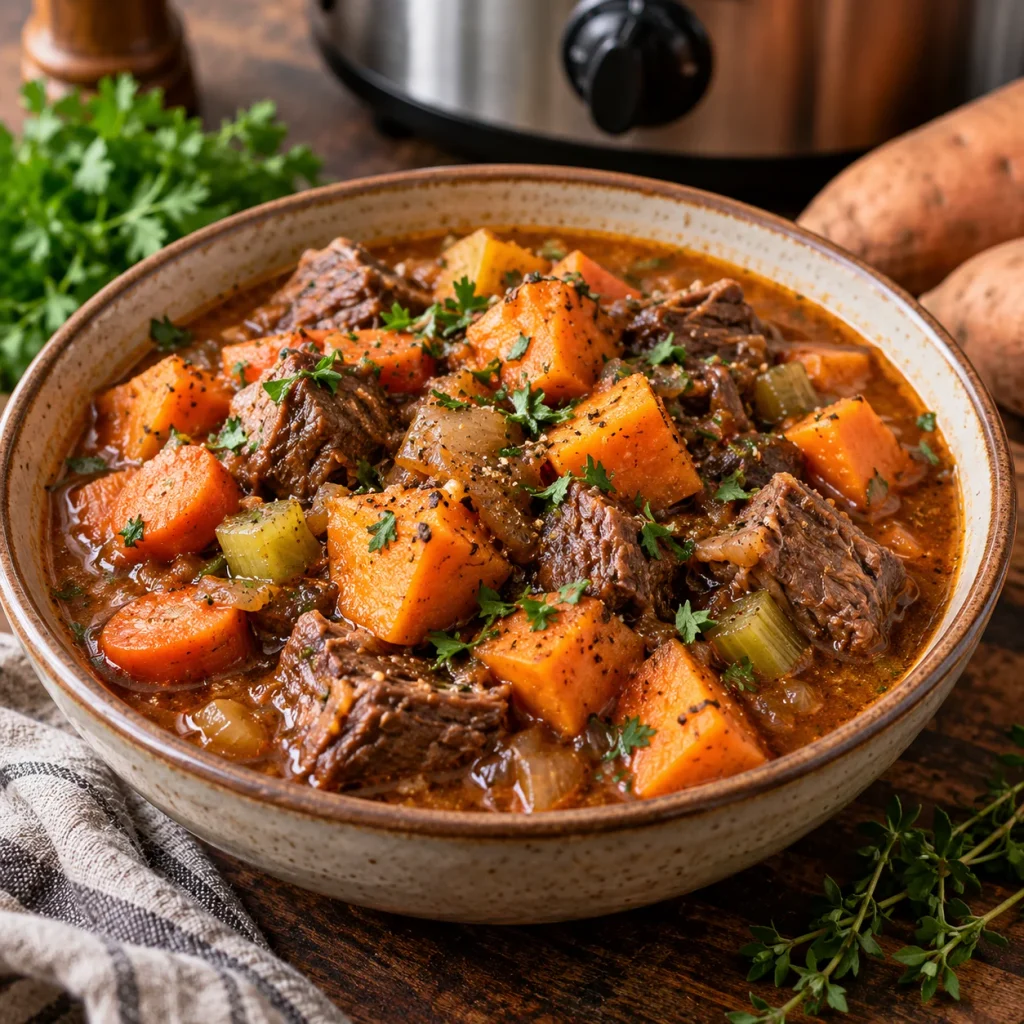 Slow Cooker Beef and Sweet Potato Stew